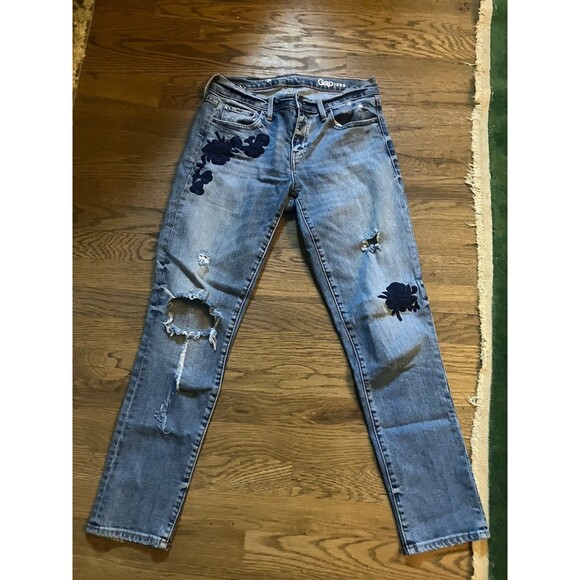 Gap Boyfriend Jeans 1969 Women's 26 Blue Embroidered Floral Mid Rise Distressed - Picture 1 of 7